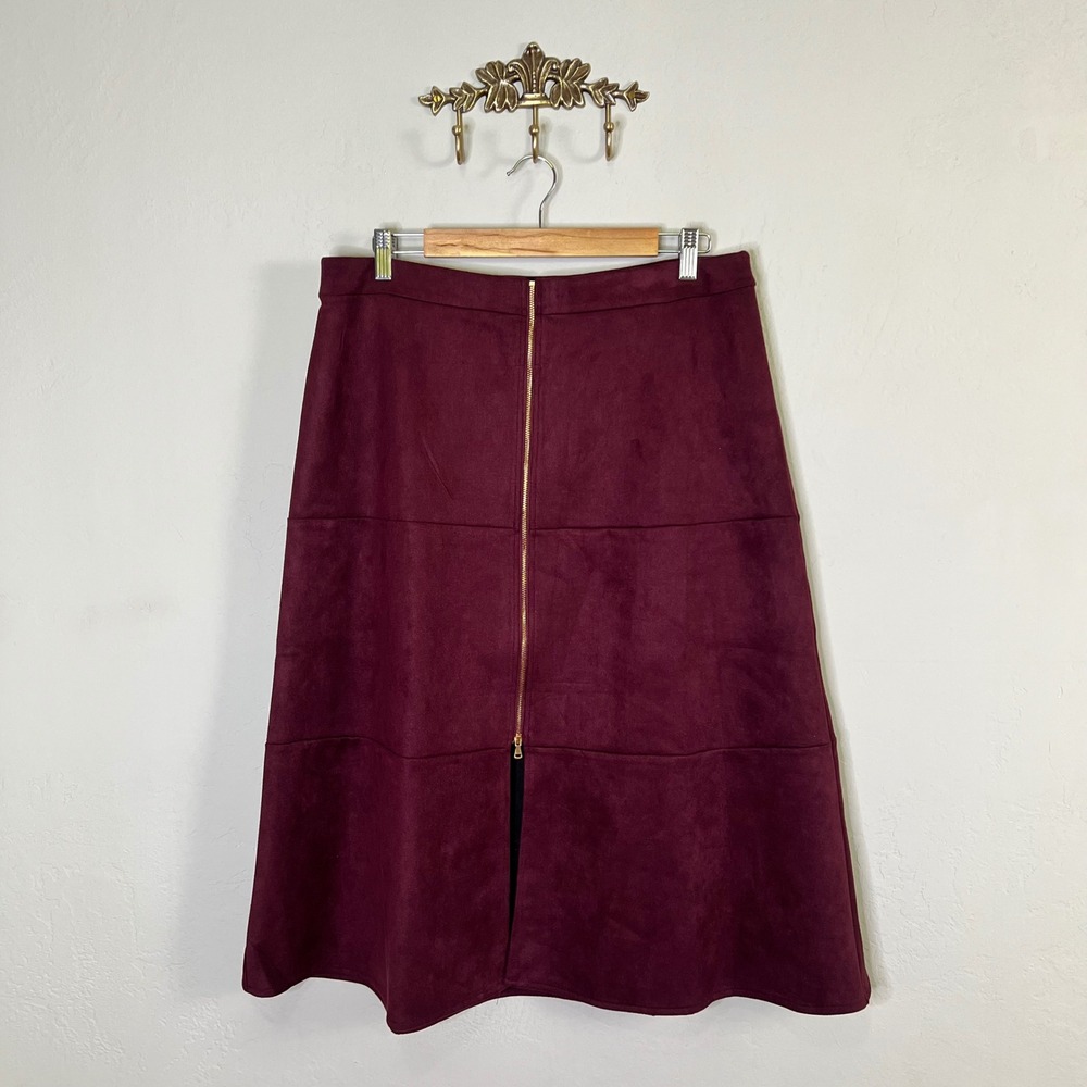 NYCC Skirt Faux Suede A-Line Size Large Burgundy Exposed Zipper Midi NEW